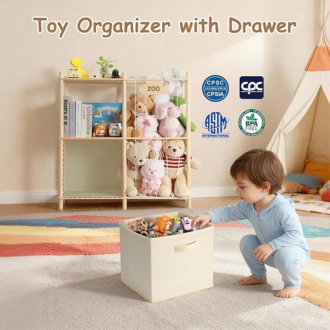 LAMU Stuffed Animal Storage and Kids Bookshelf, Wooden Toy Organizer with Large Toy Box Chest, Kids Bin Shelf Toys Box Bookca