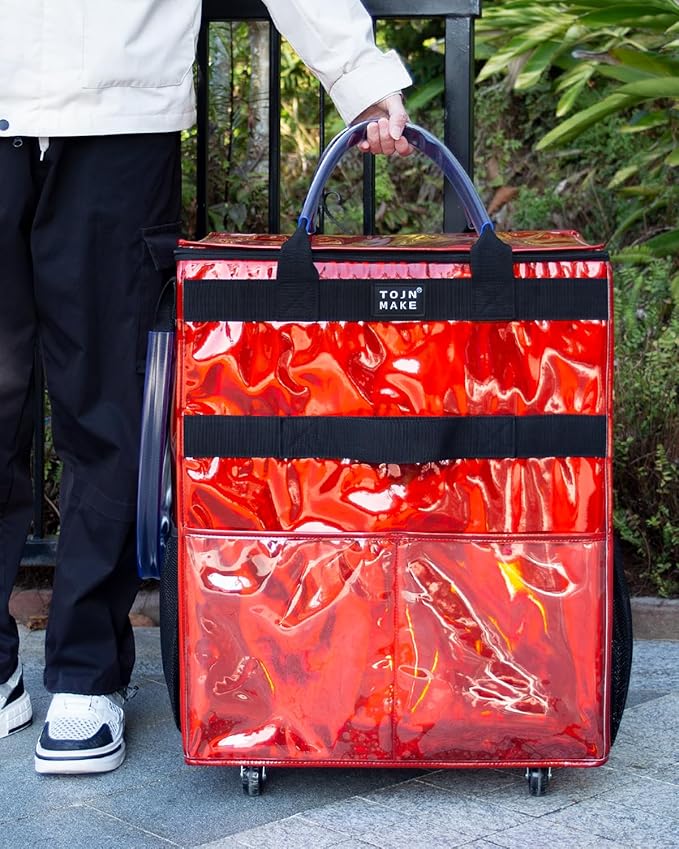 Reusable Grocery Bag with Wheels (Large, Glitter Red), Rolling Shopping Bag with 8 Pockets and Zipper Cover Foldable Rolling Tote for Women, Travel, Garden, Carries Up to 76LBS