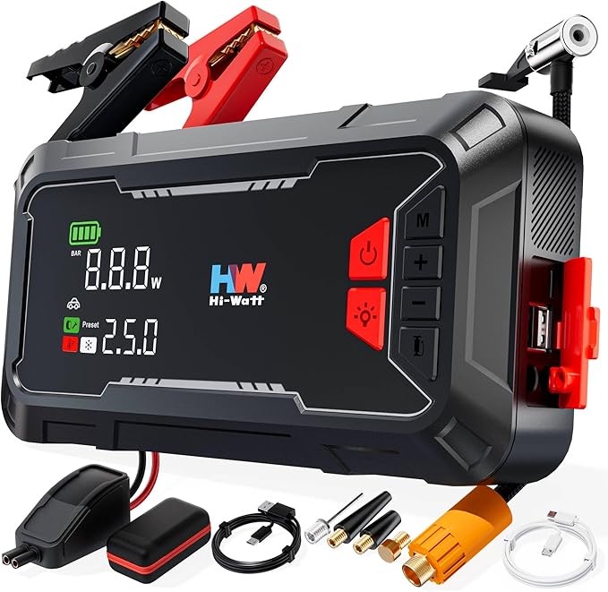 HW Car Battery Jump Starter with Air Compressor, [44.4Wh, 160PSI] True 2000A Portable Car Jumper Pack (8.5 Gas/6.5L Diesel), 12V Jump Box with Jumper Cables/Air Chucks/USB-C Cables-65W Fast Charging