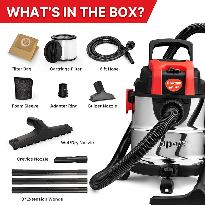 Shop-Vac 3 Gallon 4.0 HP Wet/Dry Vacuum with Blower Function, Stainless Steel Tank, Portable Shop Vacuum with Wheels, Include