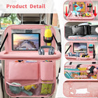Car Backseat Organizer with Tray, Seat Back Table Holder with 6 Storage Pockets, Car Seat Back Protectors Kick Mats Travel Accessories, 2 Pack Pink