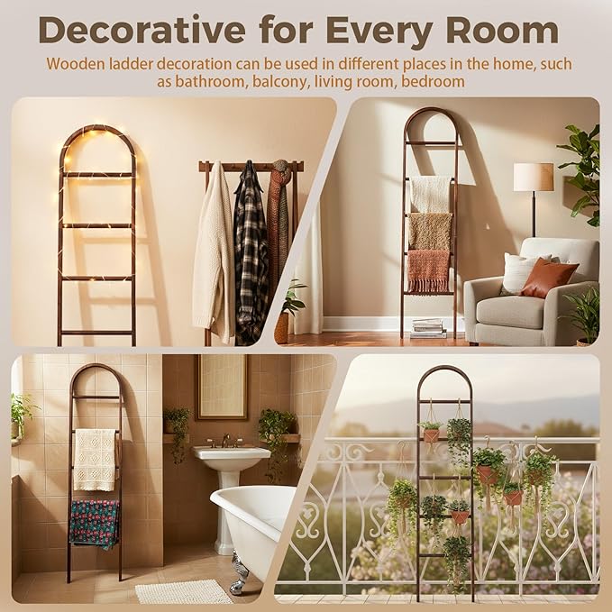 Sintuff Arched Blanket Ladder for Living Room, 5.5ft Wooden Blanket Rack, 5-Tier Natural Leaning Ladder Shelf for Farmhouse B