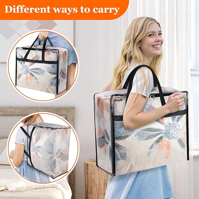 TasticTotes 8 Pack Clear Storage Bags for Comforter, Clothes & Bedding, Plastic Blanket Storage with Zipper and Handle, Movin