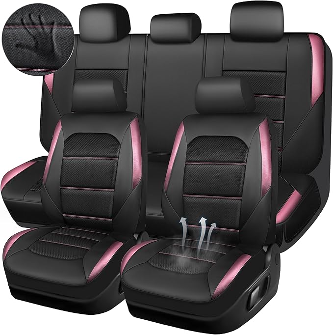 CAR PASS Memory 3D Foam Car Seat Covers Full Set, Breathable Mesh Thick Seat Covers for Car, Pink Metal Film Leather Seat Cov