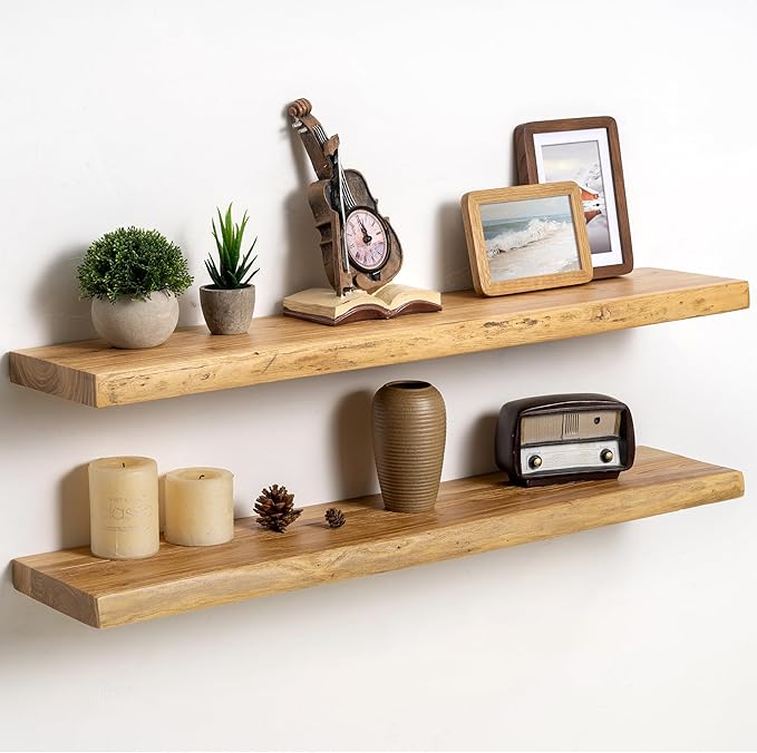 Fun Memories Floating Shelves for Wall Decor Set of 2-36 Inch Solid Elm Wood Live Edge - Rustic Natural Wall Shelves with Inv