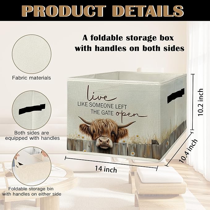 Highland Cow Storage Bins & Boxes with Handles, Western Highland Cow Foldable Basket for Organizing, Farmhouse Rustic Collaps