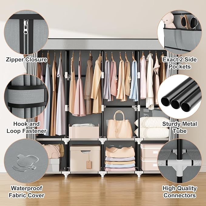 VTRIN Portable Closet for Hanging Clothes 67 Inch Wide Large Capacity Portable Wardrobe Closet with Cover, 4 Storage Shelves 