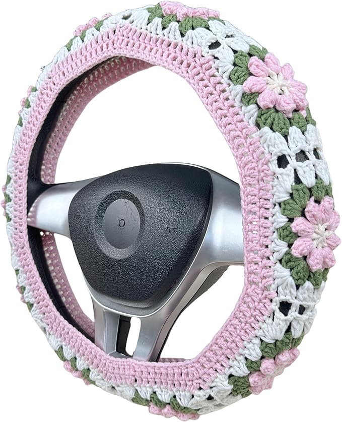 Handmade Crochet Pink and Green Cute Flower Steering Wheel Covers Universal 14-15 inch for Women and Men,New Car Gift,Handmade Gift,Gift for her