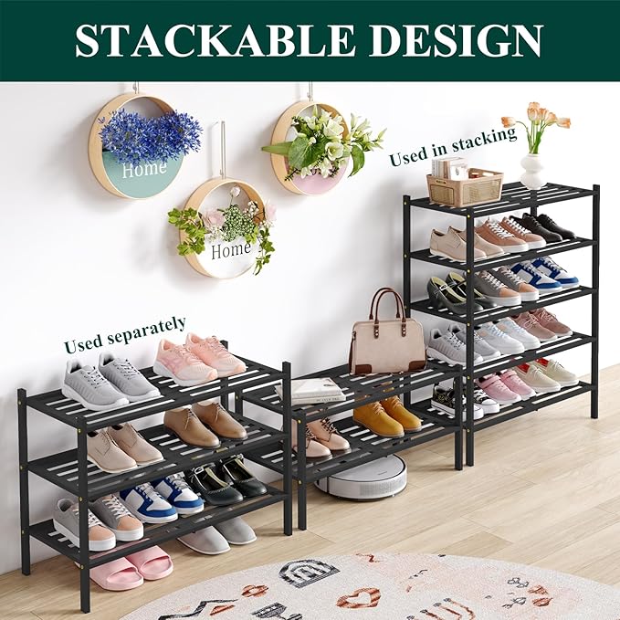 Smiry Bamboo Shoe Rack 6-Tier, Stackable Wooden Shoe Organizer for Entryway & Closet, Free Standing Wood Shoe Storage Shelf f