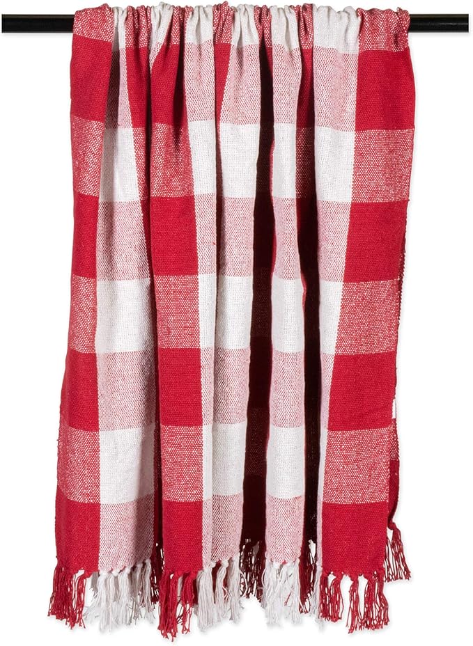 DII Buffalo Check Collection Rustic Farmhouse Throw Blanket with Tassles, 50x60, Red/White