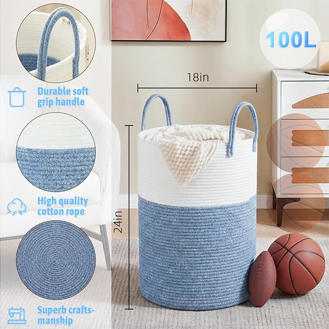 Laundry Basket,Woven Cotton Rope Laundry Hamper,100L for Decor Storage of Dirty Clothes,Toys and Blankets in Bathroom,Baby Ro