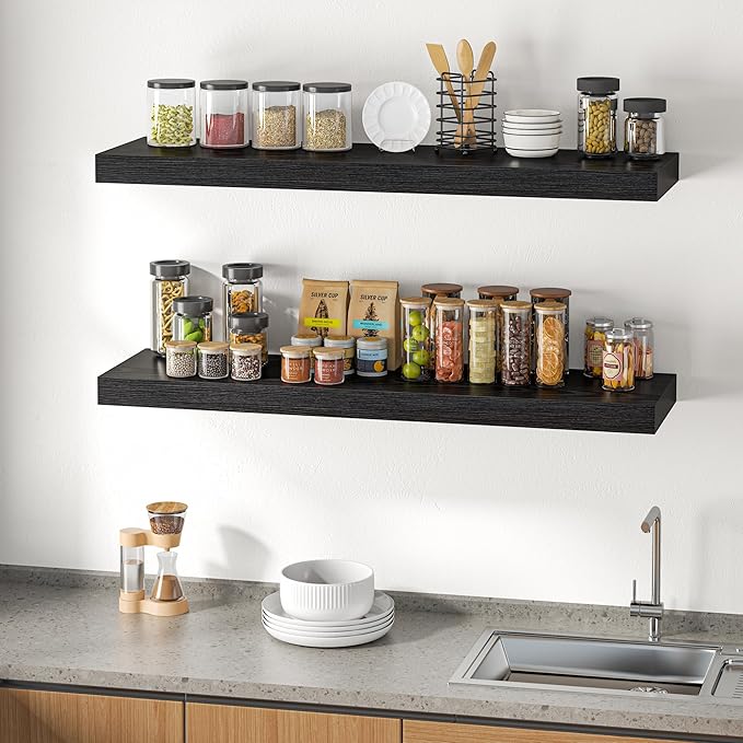 Dreamland 48" Floating Shelves for Wall, 12" Deep Thicker Black Floating Shelves, Wall-Mounted Shelves for Bedroom, Living Ro