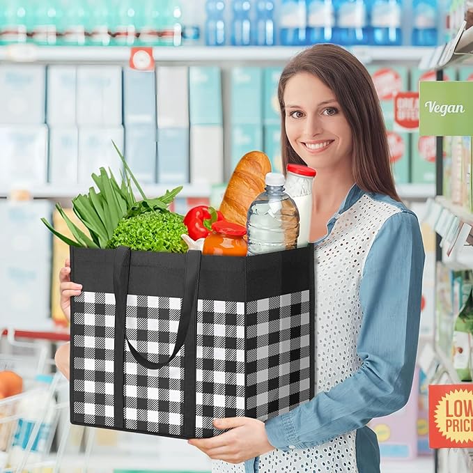 WOWBOX Reusable Grocery Bags,10-Pack, Foldable Reusable Shopping Tote Bags bulk with Reinforced Handles,Large Storage Bags with Water Resistant Coating for Groceries,Multipurpose,Black-White