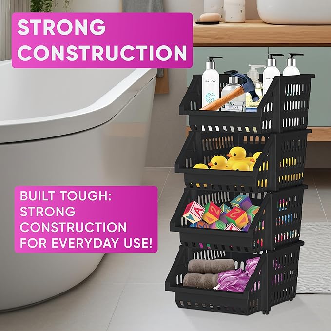 Skywin TidyFriend Small Stackable Storage Bins for Toy Organizer and Storage 4 Pack, Toy Storage Organizer for Kids Room and 