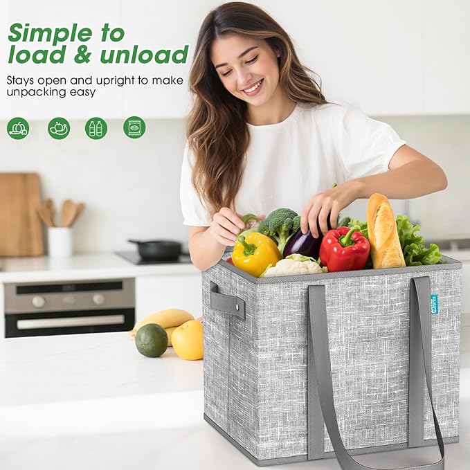 Fab totes Reusable Grocery Bags, Large Foldable Shopping Tote Bags with Reinforced Handles & Hard Bottom,8 Pack, Grey