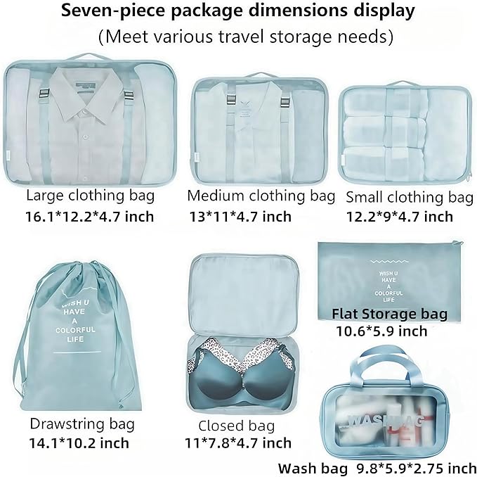 Travel packing cube bag 7 Piece Set, Travel cubes for packing hotor backpack,Suitcase Organizer Luggage Cubes with Wash Bag, 
