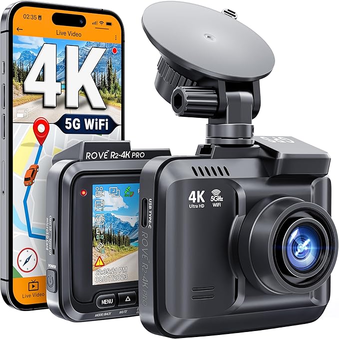 ROVE R2-4K PRO Dash Cam, Built-in GPS, 5G WiFi Dash Camera for Cars, 2160P UHD 30fps Dashcam with APP, 2.4" IPS Screen, Night