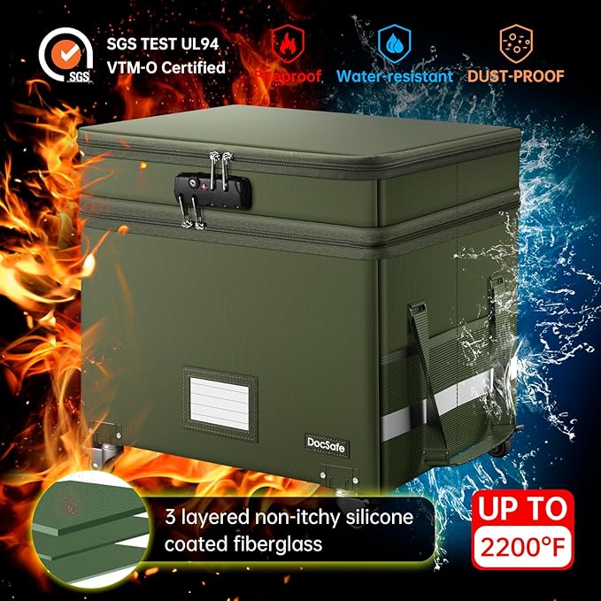 DocSafe File Box with Lock,2-Layer Fireproof Document Box with Wheels,Collapsible Rolling File Storage Organizer with Pockets