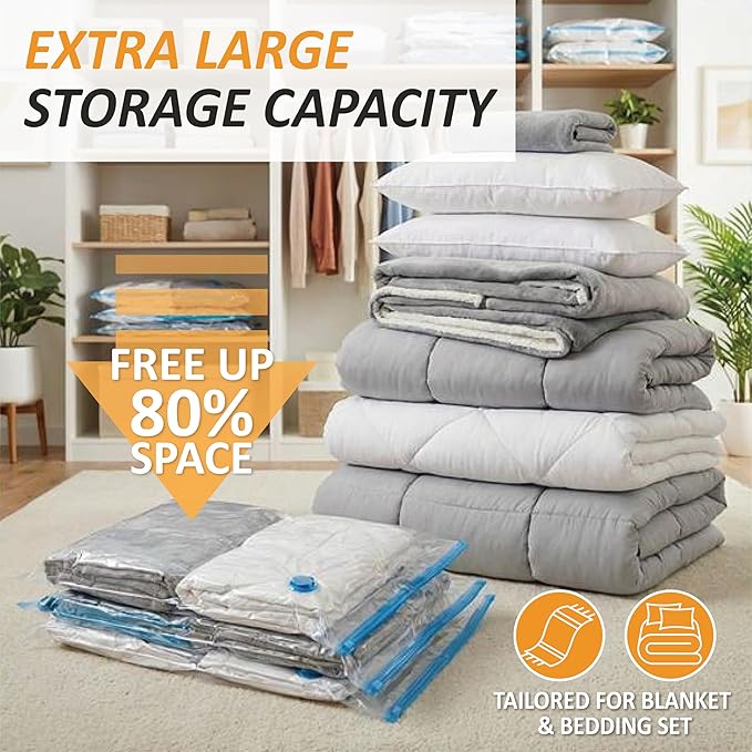 Cozy Essential Vacuum Storage Bags, 80% Compression Vacuum Seal Space Saver Plastic Packaging Bags for Clothes, Blankets, Pil