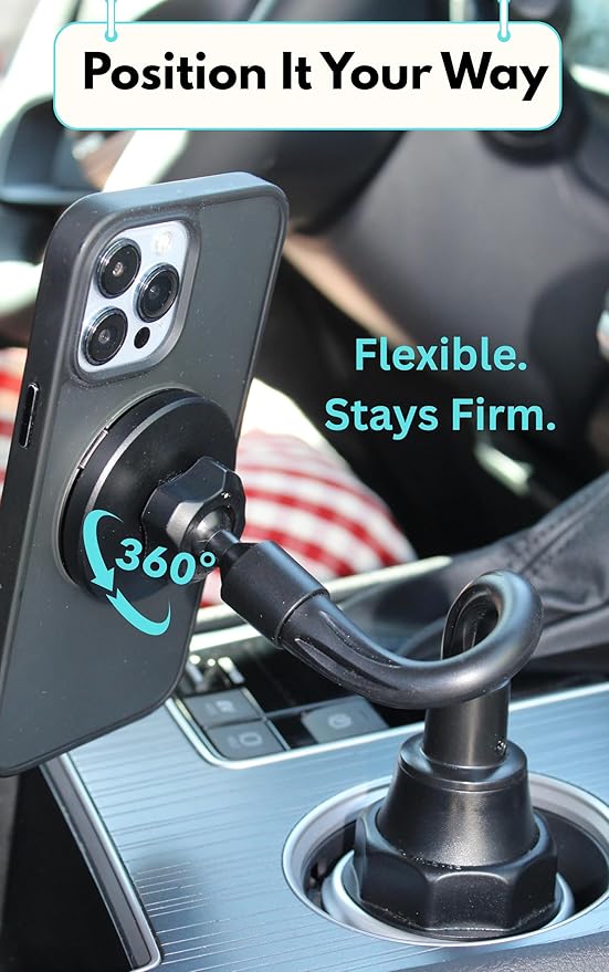 Cup Phone Holder for Car, Magnetic – Compatible with MagSafe, Secure Magnetic Mount, Stability-Enhanced Expandable Base, Flexible Reinforced Gooseneck, Works with iPhone, Galaxy, Pixel [Not Charger]