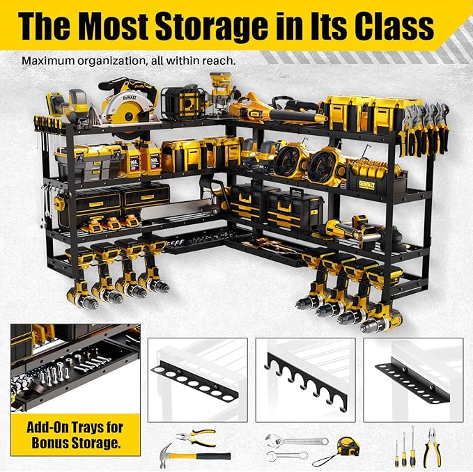 XLarge 64''W Power Tool Organizer Wall Mount | Modular&Corner-Fit 820lbs Garage Storage Rack with 8 Cordless Drill Holder | 4