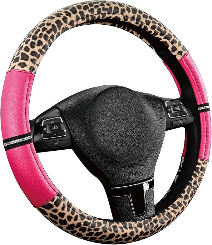 Road Comforts Leopard Steering Wheel Cover for Women, Cute Anti-Slip Microfiber Leather, Universal Fit 14.5-15 Inch Round Ste