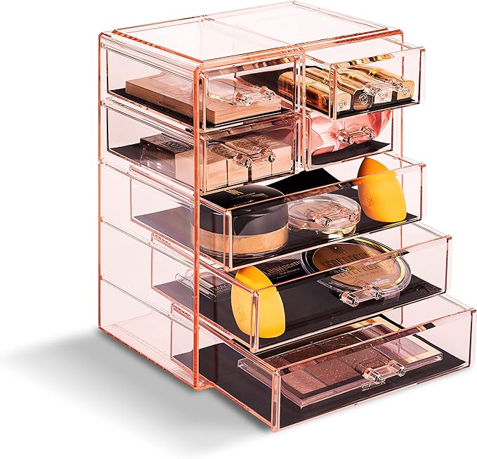 Sorbus Acrylic Makeup Organizer Set, 7-Drawer Vanity & Countertop Cosmetic Storage with Small & Wide Drawers, Pink Makeup Sto