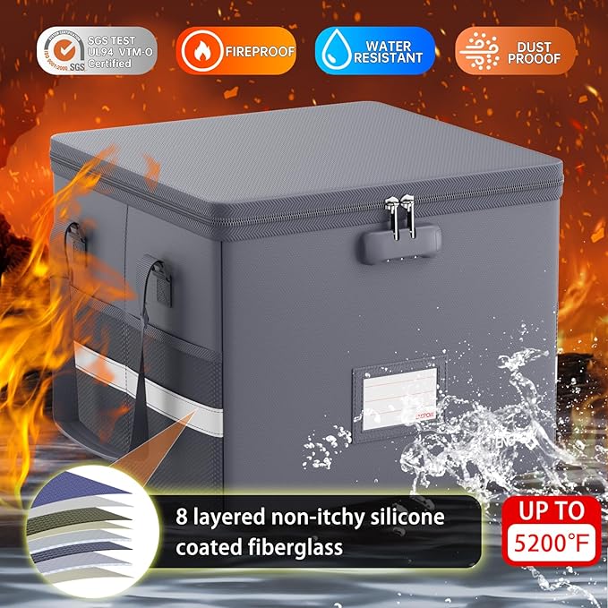 ENGPOW 5200°F File Box Fireproof Document Box with Lock,Heat Insulated Collapsible File Storage Organizer Box with Handle,Por