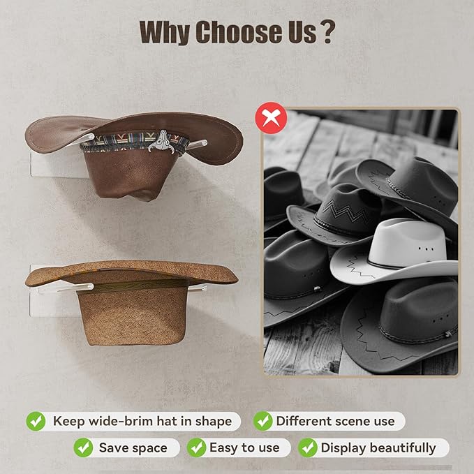 YUNEASELF Cowboy Hat Rack for Wall: 2 Pack Acrylic Hat Holder Organizer - Western Rustic Wall Mounted Hat Hanger Stand for Co