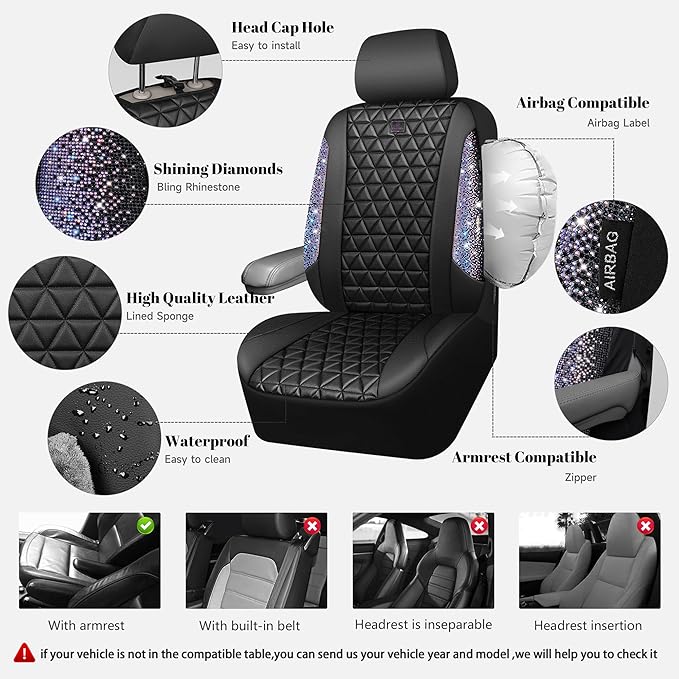 CAR PASS Bling Diamond Black Leather Car Seat Covers Full Set Interior Sets, Waterproof Shining Glitter Sparkly Crystal Armre