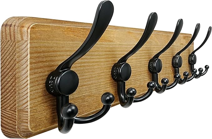 Dseap Coat Rack Wall Mount - Heavy-Duty Robust Barnwood-Style Wooden Wall Coat Hanger Hook Rail with 5 Triple Hooks for Winte