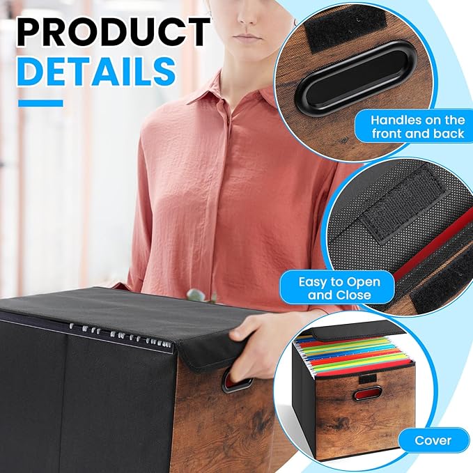 Cinnvoice File Organizer Box with Wood Grain Pattern, Hanging Collapsible File Storage Bins with Lid Plastic Slides for Schoo
