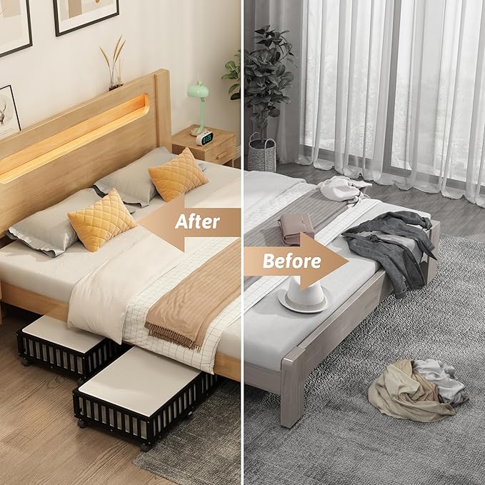 Bamboo Under Bed Storage Containers with Wheels, 2 Pack Large Under the Bed Shoe Storage Bins, Wood Rolling Underbed Drawers 