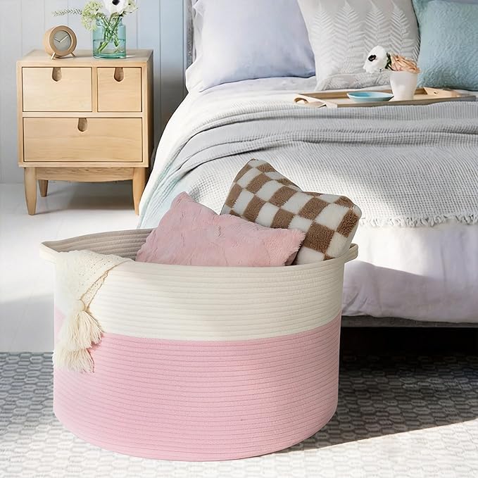 MEGASKET Pink Storage Baskets for Organizing, 22"X22"X14" XXXL Blanket Basket Living Room, Large Toy Basket, Soft Pink Cotton