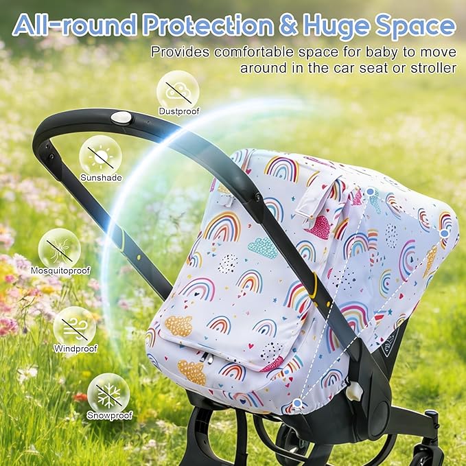 Car Seat Cover Baby Girls, Infant Car Seat Cover for Outdoor, Breathable Carseat Cover with Privacy Sun Shade & Mesh Window f
