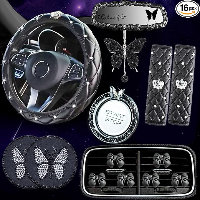 Dotesy 16 Pcs Bling Car Steering Wheel Cover Set with Crystal Seatbelt Shoulder Pads Diamond Butterfly Car Accessories for Women (Black)