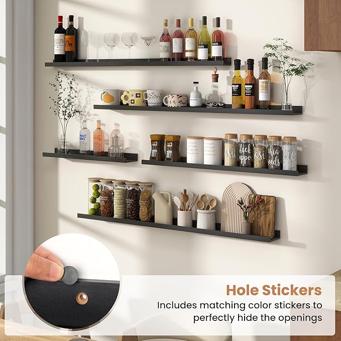 Fun Memories Picture Ledge Shelves Set of 4, 48 Inch Rustic Wall Mounted Floating Shelves with Lip for Home Storage and Décor