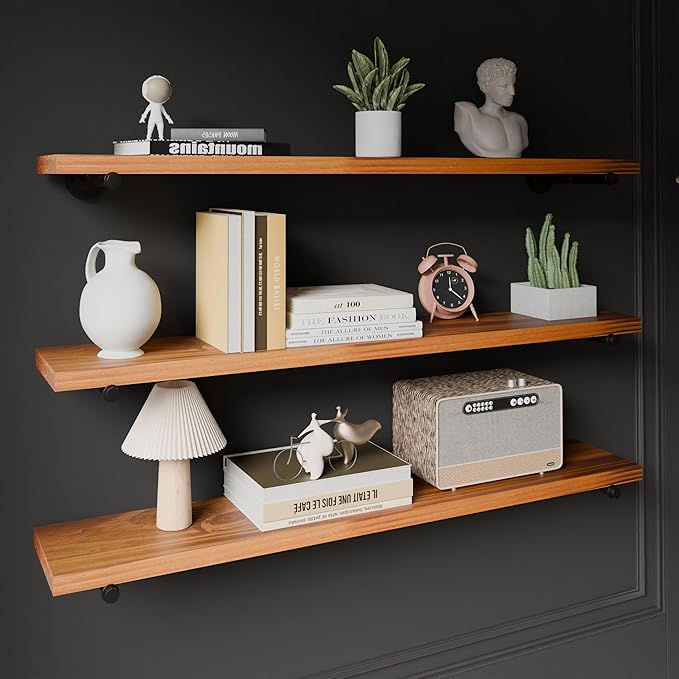 Industrial Pipe Wall Wood Shelves,Real Wooden Shelves 55" in Special Brown Color with 1.2" Extra Thickness, Modern Floating S