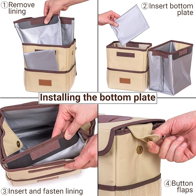 Creathing Car Trash Can [Touring Edition] - Removable Liner - 100% Leakproof, Odor Control Lid, Hanging Garbage Bin for SUV, Truck, Car (2 Gal, Beige)