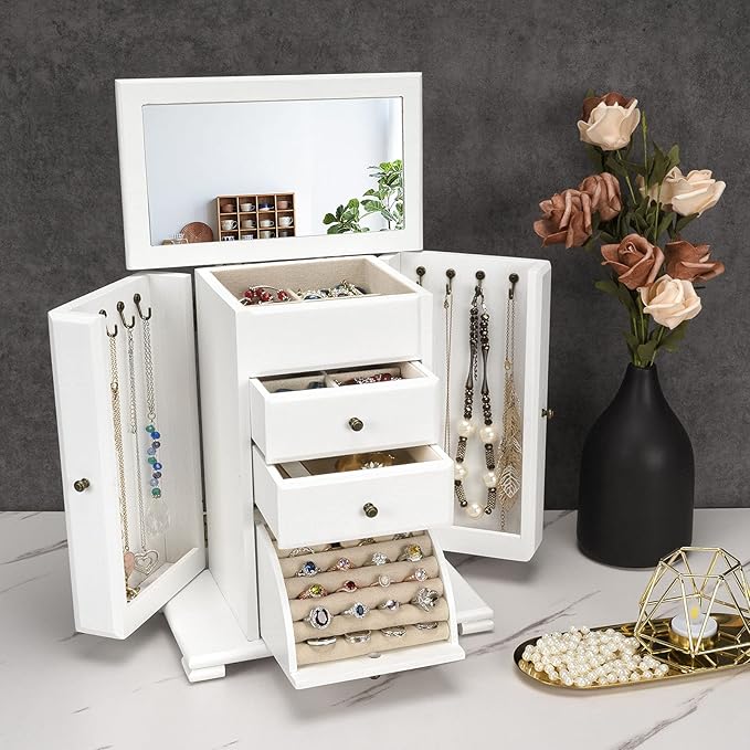 Emfogo Jewelry Box for Women, Rustic Wooden Jewelry Boxes & Organizers with Mirror, 4 Layer Jewelry Organizer Box Display for