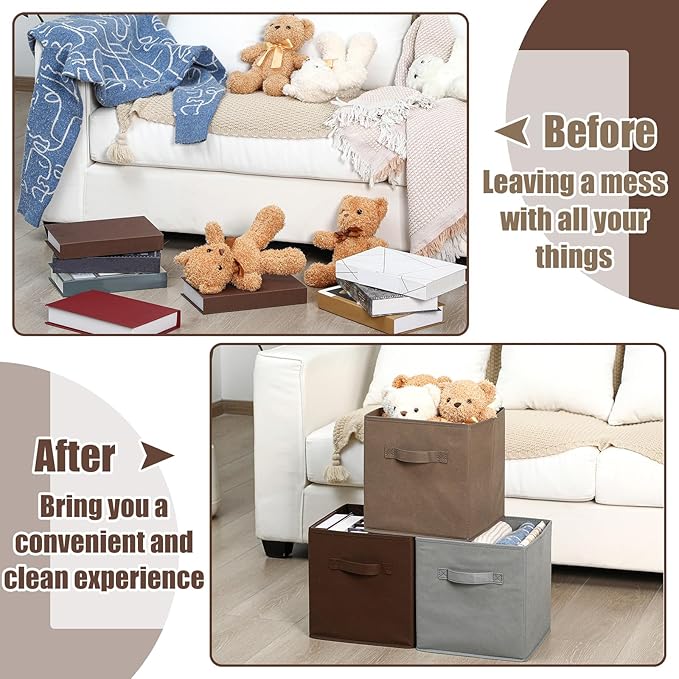 Karenhi 11" x 10. 5" x 10. 5" Brown Gray Storage Cube, 6 Pack Fabric Cube Storage Bins Organizer Box, Collapsible Baskets wit