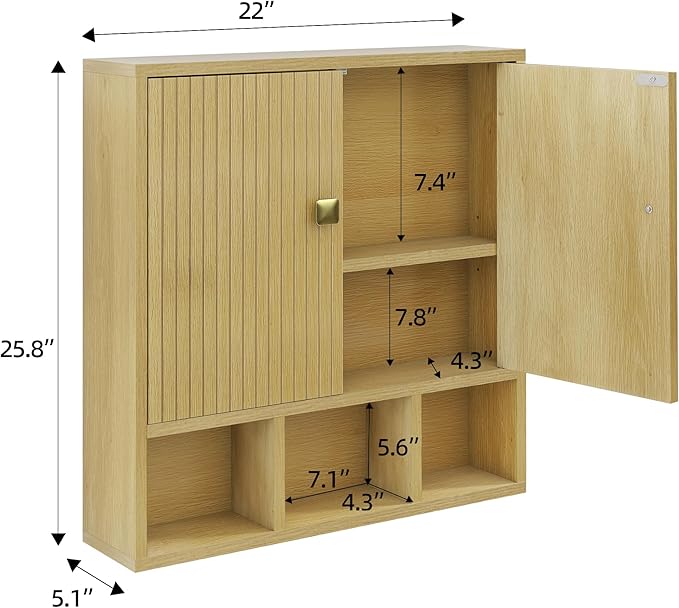 Bathroom Wall Cabinet,Wooden Medicine Cabinet with Fluted Doors Over The Toilet Storage Cabinet with Adjustable Shelf for Bat