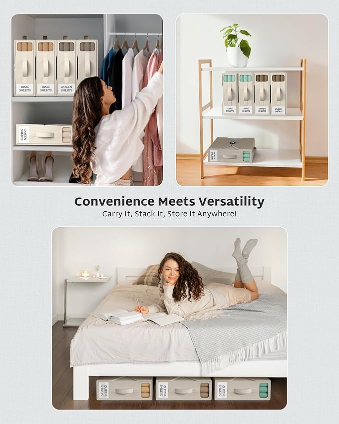 6 Pack Bed Sheet Organizer - Foldable Bedsheet Organizers and Storage, Sturdy Sheet Holder with Window, Labels & Handles for 