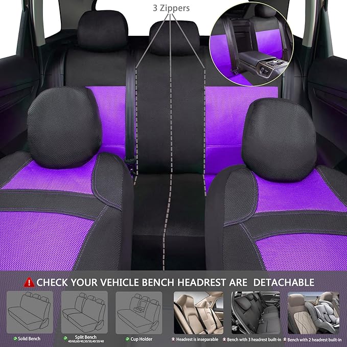 CAR PASS Universal 13PCS 3D Air Mesh-100% Breathable Seat Covers Full Sets, Steering Wheel, Belt Cover Airbag and Rear Split Bench Compatible for 90% Automotive SUV Truck Cute Women Black Purple