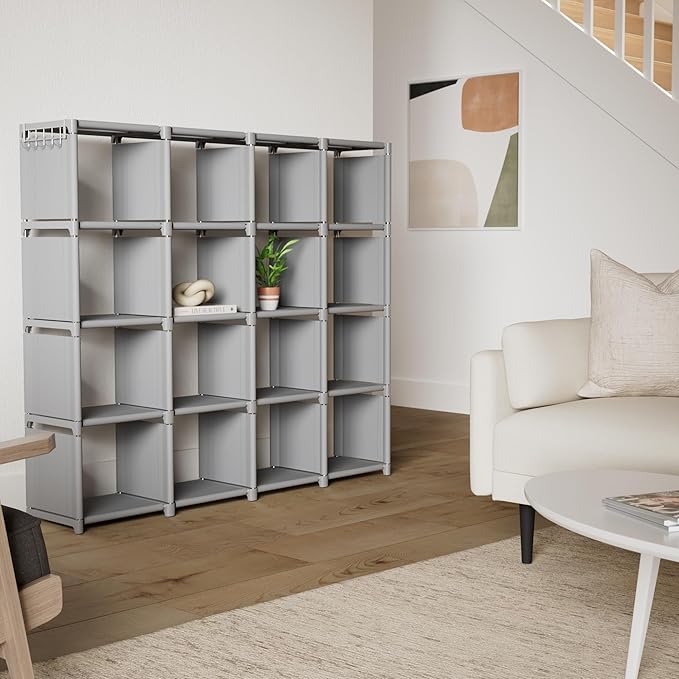 Mavivegue Book Shelf, 16 Cube Storage Organizer, DIY Bookcase, Metal Cube Bookshelf,Tall Book case for Bedroom, Living Room,O