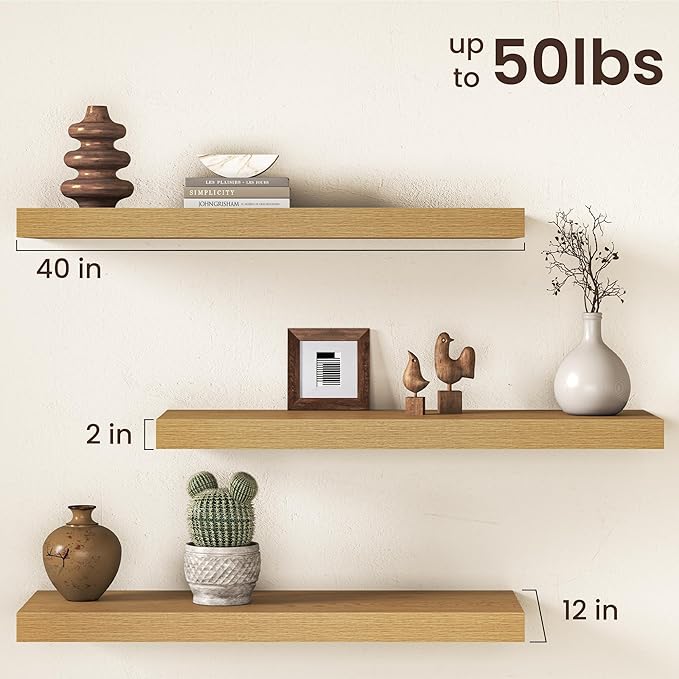 40Inch Oak Floating Shelves for Wall, 12 Inch Deep Shelves for Bedroom, Kitchen, Bathroom Wall Mounted, Rustic Wood Floating 