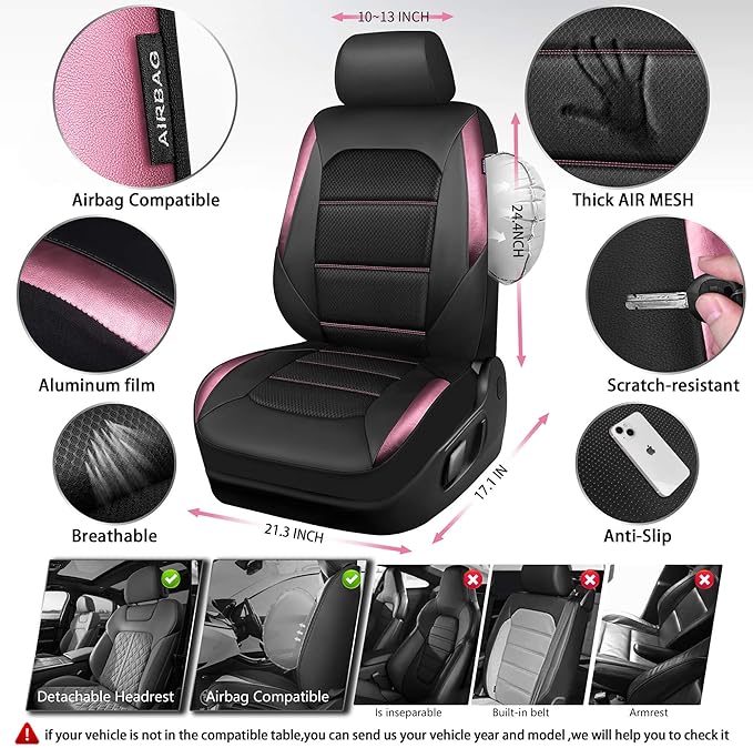CAR PASS Memory Foam Car Seat Covers,Air Cool Mesh Thick Seat Covers Front Seats,Pink Metal Film Leather Seat Cover for Car,U