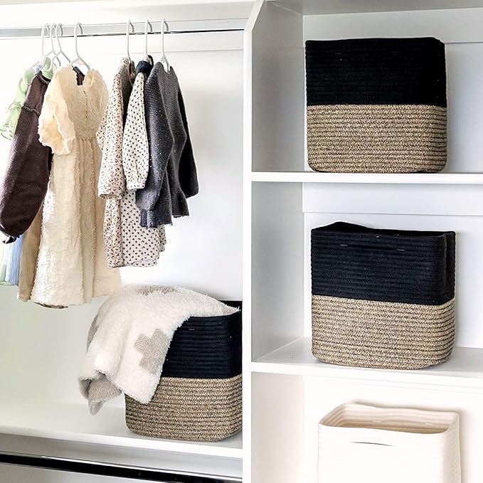 NaturalCozy Storage Cubes 11 Inch Cotton Rope Woven Baskets for Organizing, 3-Pack | Cube Storage Bin | Square Storage Basket