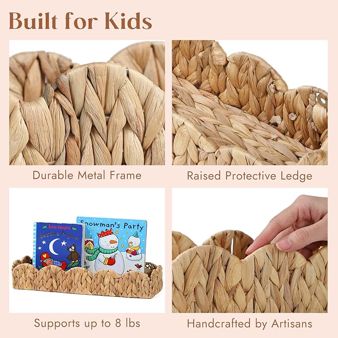 4 Pack Nursery Book Shelves, Scalloped Water Hyacinth Book Shelf for Kids Rooms, Handwoven Floating Book Shelves for Wall, 15