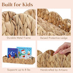 4 Pack Nursery Book Shelves, Scalloped Water Hyacinth Book Shelf for Kids Rooms, Handwoven Floating Book Shelves for Wall, 15